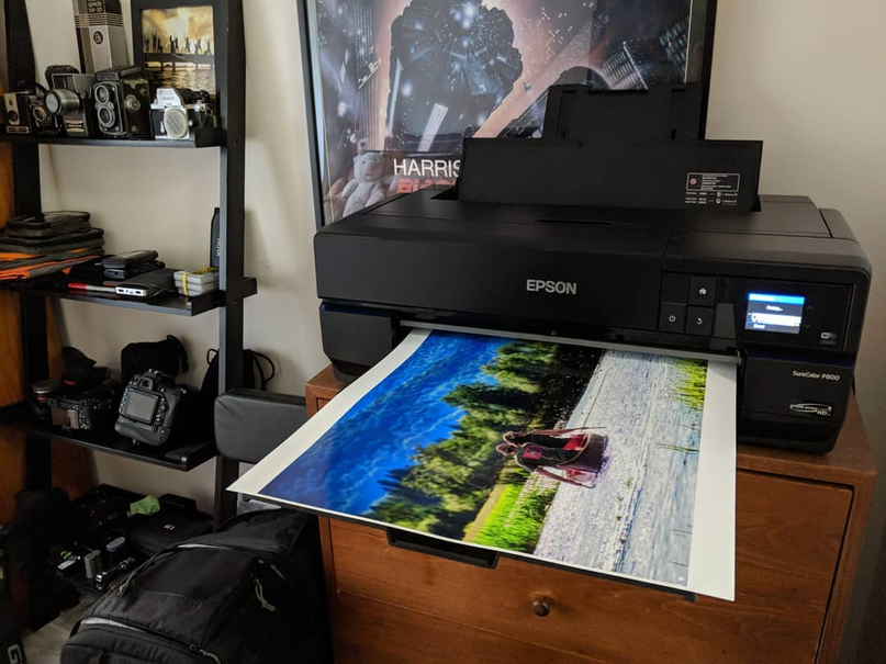 Epson P800 wide-format printer producing a large photographic print