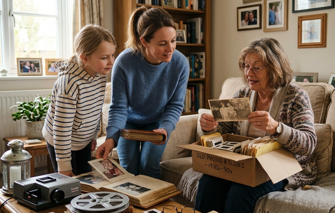 A family reviewing old photographs and slides together at home